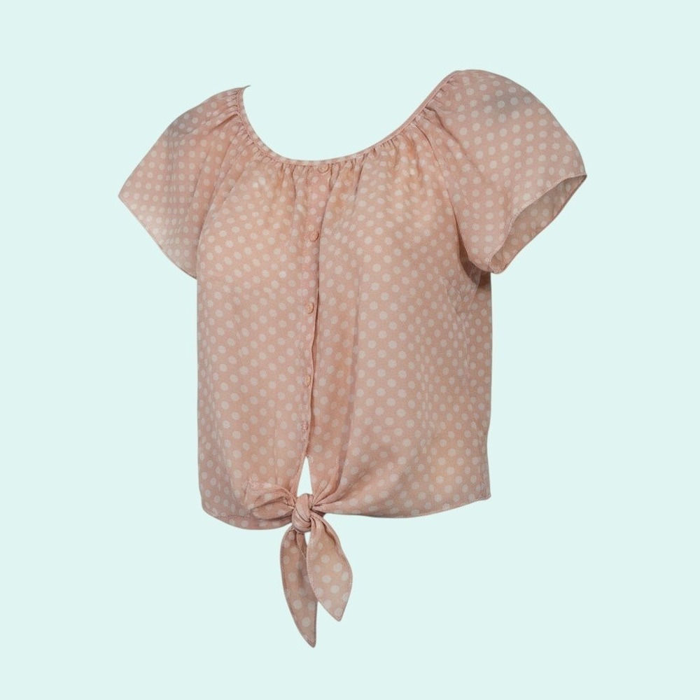 Color of Love Women's Peach L Polka Dot Tie Front Off Shoulder Blouse